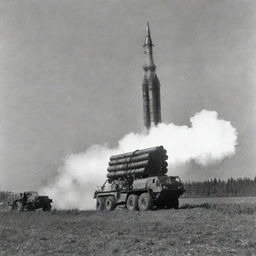 Soviet 'Katyusha' multiple rocket launcher initiating a barrage