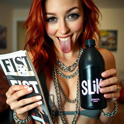 A close-up shot of a sexy redhead female with a large chest, wearing a tank top adorned with punk chains