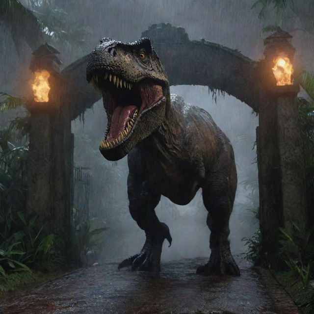 Visually narrate a terrifying scene where the mighty T-Rex crashes through the iconic entrance gate of Jurassic Park on Isla Nublar, splintering it into pieces, marking the apex of the relentless chaos on this stormy night.