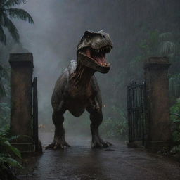 Visually narrate a terrifying scene where the mighty T-Rex crashes through the iconic entrance gate of Jurassic Park on Isla Nublar, splintering it into pieces, marking the apex of the relentless chaos on this stormy night.