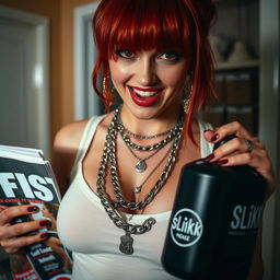 A close-up shot of a sexy female redhead with a large chest wearing a tank top adorned with punk chains