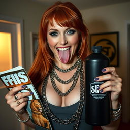 A close-up shot of a sexy female redhead with a large chest wearing a tank top adorned with punk chains