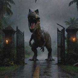 Visually narrate a terrifying scene where the mighty T-Rex crashes through the iconic entrance gate of Jurassic Park on Isla Nublar, splintering it into pieces, marking the apex of the relentless chaos on this stormy night.