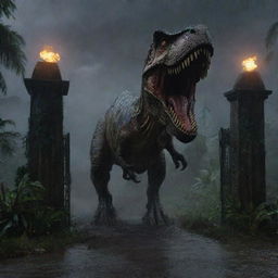 Visually narrate a terrifying scene where the mighty T-Rex crashes through the iconic entrance gate of Jurassic Park on Isla Nublar, splintering it into pieces, marking the apex of the relentless chaos on this stormy night.