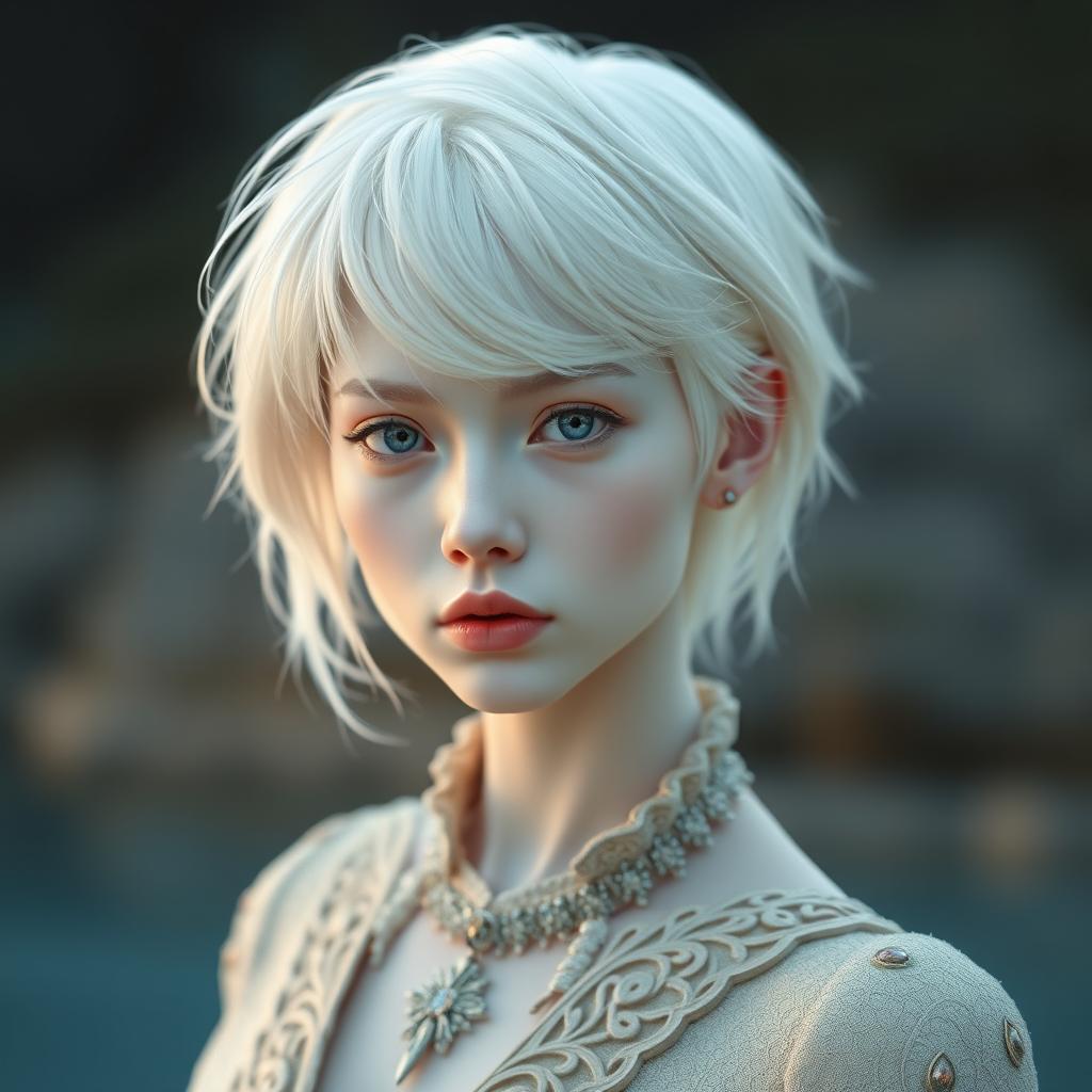 An albino individual with striking white hair and clear, porcelain-like skin stands out against a beautifully contrasting background