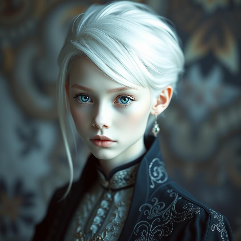 An albino individual with striking white hair and clear, porcelain-like skin stands out against a beautifully contrasting background