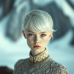 An albino individual with striking white hair and clear, porcelain-like skin stands out against a beautifully contrasting background