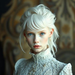 An albino individual with striking white hair and clear, porcelain-like skin stands out against a beautifully contrasting background