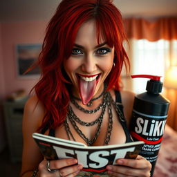 A close-up shot capturing a sexy redhead female in a tank top adorned with punk chains