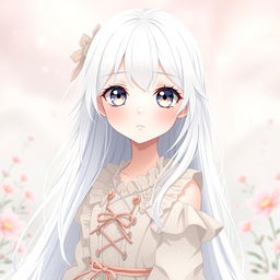 An albino girl in anime style with long, flowing white hair and clear, porcelain-like skin, capturing a sense of innocence and beauty