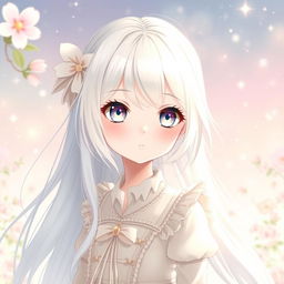 An albino girl in anime style with long, flowing white hair and clear, porcelain-like skin, capturing a sense of innocence and beauty