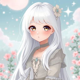 An albino girl in anime style with long, flowing white hair and clear, porcelain-like skin, capturing a sense of innocence and beauty