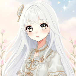 An albino girl in anime style with long, flowing white hair and clear, porcelain-like skin, capturing a sense of innocence and beauty