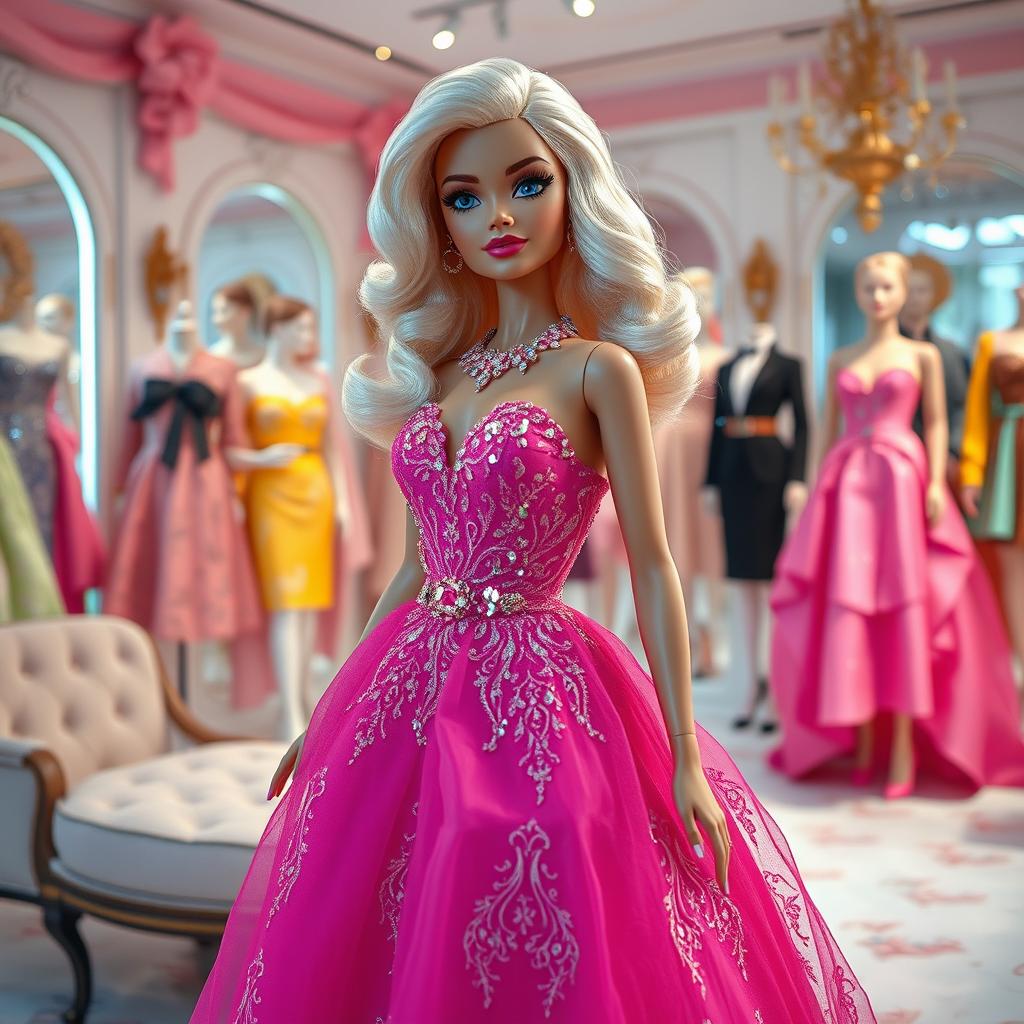 A glamorous scene featuring a fashionable Barbie doll inspired character, showcasing stunning platinum blonde hair styled in loose waves