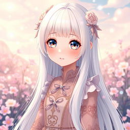 An albino girl in anime style, featuring long, flowing white hair that cascades down her back and clear, porcelain-like skin that glows softly