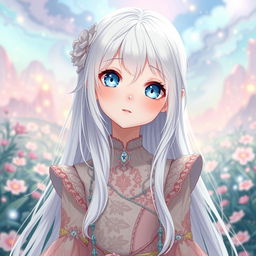 An albino girl in anime style, featuring long, flowing white hair that cascades down her back and clear, porcelain-like skin that glows softly