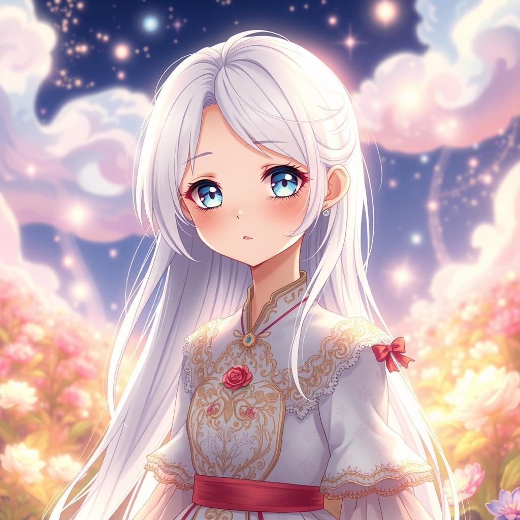 An albino girl in anime style, featuring long, flowing white hair that cascades down her back and clear, porcelain-like skin that glows softly