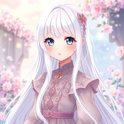 An albino girl in anime style, featuring long, flowing white hair that cascades down her back and clear, porcelain-like skin that glows softly