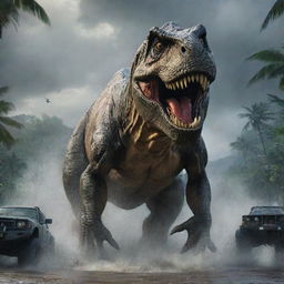 Depict a fearsome T-Rex cocooned in the storm, raging through the gates of Jurassic Park, its mighty foot crushing vehicles under its massive weight. The sheer destruction renders the ever-present danger of Isla Nublar terrifyingly real.