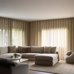 A rectangular living room with a contemporary TV unit facing an L-shaped couch and a large, plush chair. The room is characterised by corner windows, casting a welcoming glow of natural light throughout the space.