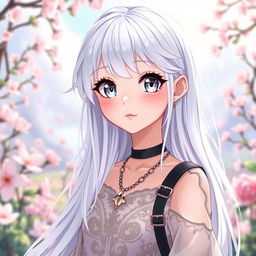 An anime-style illustration of a 17-year-old albino girl with long, flowing white hair that glistens in the light, and clear, porcelain-like skin that radiates beauty