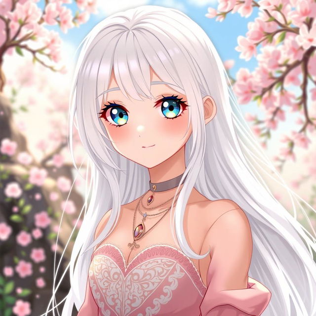 An anime-style illustration of a 17-year-old albino girl with long, flowing white hair that glistens in the light, and clear, porcelain-like skin that radiates beauty