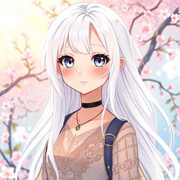 An anime-style illustration of a 17-year-old albino girl with long, flowing white hair that glistens in the light, and clear, porcelain-like skin that radiates beauty