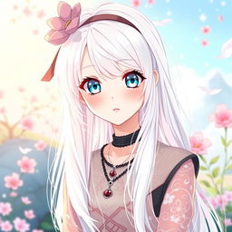 An anime-style illustration of a 17-year-old albino girl with long, flowing white hair that glistens in the light, and clear, porcelain-like skin that radiates beauty