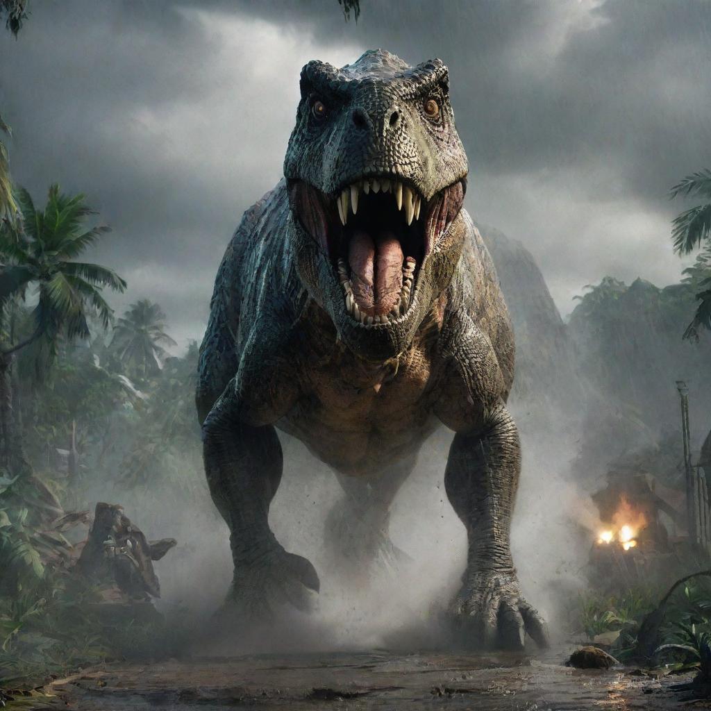 Depict a fearsome T-Rex cocooned in the storm, raging through the gates of Jurassic Park, its mighty foot crushing vehicles under its massive weight. The sheer destruction renders the ever-present danger of Isla Nublar terrifyingly real.