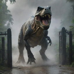 Depict a fearsome T-Rex cocooned in the storm, raging through the gates of Jurassic Park, its mighty foot crushing vehicles under its massive weight. The sheer destruction renders the ever-present danger of Isla Nublar terrifyingly real.