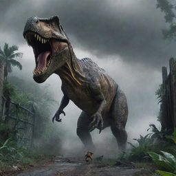 Depict a fearsome T-Rex cocooned in the storm, raging through the gates of Jurassic Park, its mighty foot crushing vehicles under its massive weight. The sheer destruction renders the ever-present danger of Isla Nublar terrifyingly real.