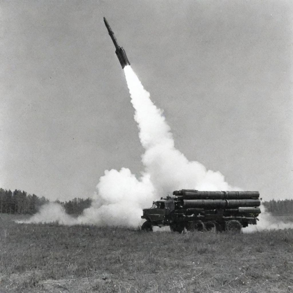 Soviet 'Katyusha' multiple rocket launcher firing a salvo of rockets