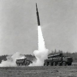 Soviet 'Katyusha' multiple rocket launcher firing a salvo of rockets