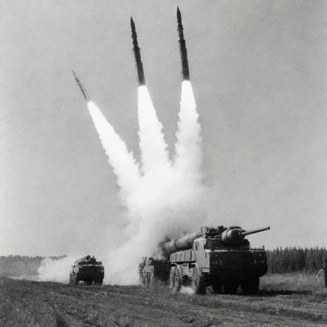 Soviet 'Katyusha' multiple rocket launcher firing a salvo of rockets