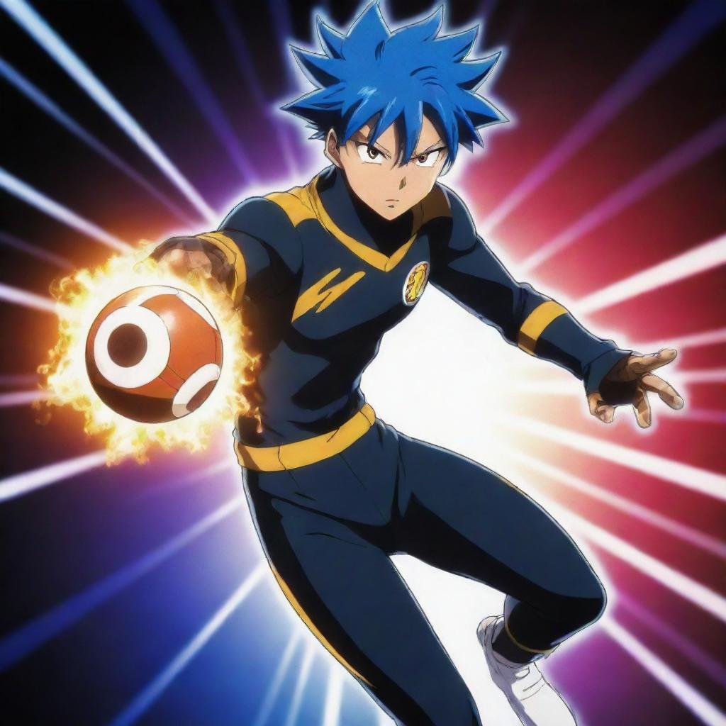 Anime character Bachira from Blue Lock, mid-action, striking a ball colored like a black flash against a dynamically lit backdrop.