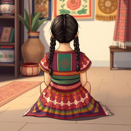 An illustration of a girl sitting on the floor, viewed from the back