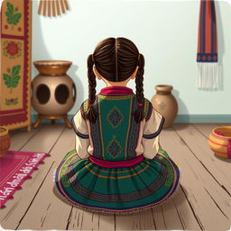 An illustration of a girl sitting on the floor, viewed from the back