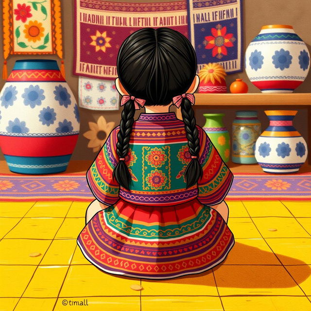 An illustration of a girl sitting on the floor, viewed from the back