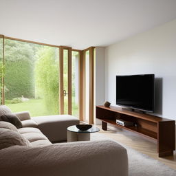 A rectangular living room with a contemporary TV unit facing an L-shaped couch and a large, plush chair. The room is characterised by corner windows, casting a welcoming glow of natural light throughout the space.