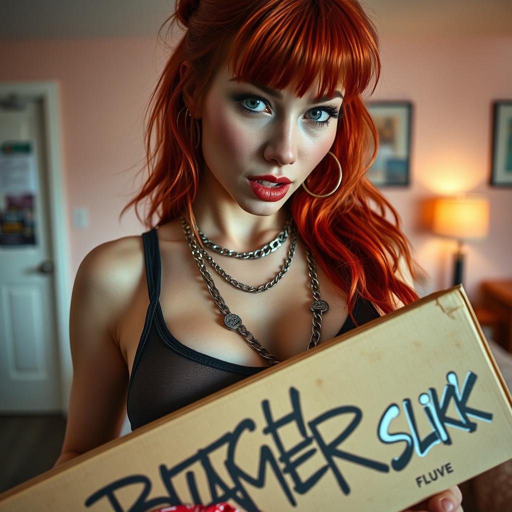 Close-up shot of a sexy, confident redhead woman with a large chest, wearing a tank top adorned with punk chains