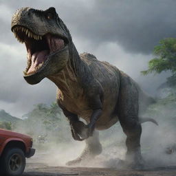 Showcase a moment of raw force where the mighty T-Rex, in its full terrifying glory, crushes a Jurassic Park branded vehicle under its colossal foot, emphasizing the scale and danger of the prehistoric creatures on stormy Isla Nublar.