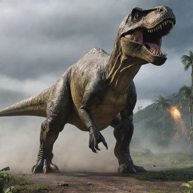 Showcase a moment of raw force where the mighty T-Rex, in its full terrifying glory, crushes a Jurassic Park branded vehicle under its colossal foot, emphasizing the scale and danger of the prehistoric creatures on stormy Isla Nublar.