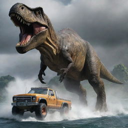 Showcase a moment of raw force where the mighty T-Rex, in its full terrifying glory, crushes a Jurassic Park branded vehicle under its colossal foot, emphasizing the scale and danger of the prehistoric creatures on stormy Isla Nublar.