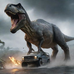 Showcase a moment of raw force where the mighty T-Rex, in its full terrifying glory, crushes a Jurassic Park branded vehicle under its colossal foot, emphasizing the scale and danger of the prehistoric creatures on stormy Isla Nublar.