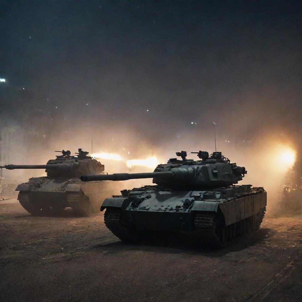 Tanks launching a night-time assault on a city