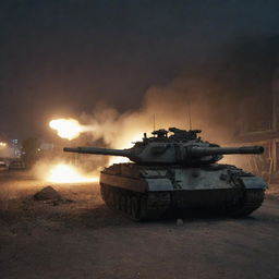 Tanks launching a night-time assault on a city