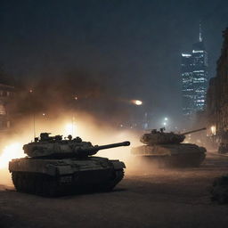 Tanks launching a night-time assault on a city