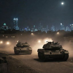 Tanks launching a night-time assault on a city