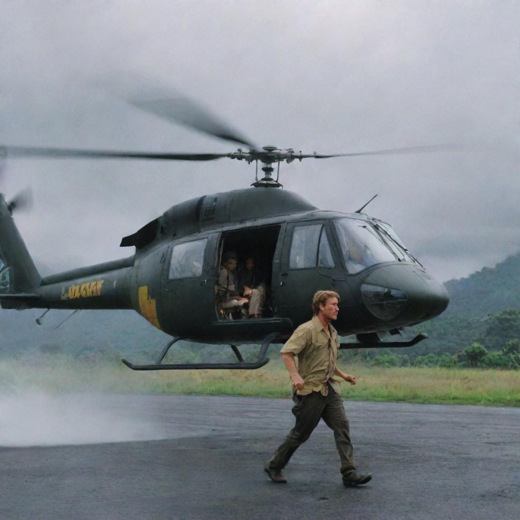 Capture the scene as a battered Dr. Alan Grant bravely boards a waiting helicopter in the midst of Jurassic Park's chaos. The aircraft's blades spin to life, ready to lift off from the storm-lashed landscapes of Isla Nublar.