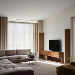 A rectangular living room with a contemporary TV unit facing an L-shaped couch and a large, plush chair. The room is characterised by corner windows, casting a welcoming glow of natural light throughout the space.